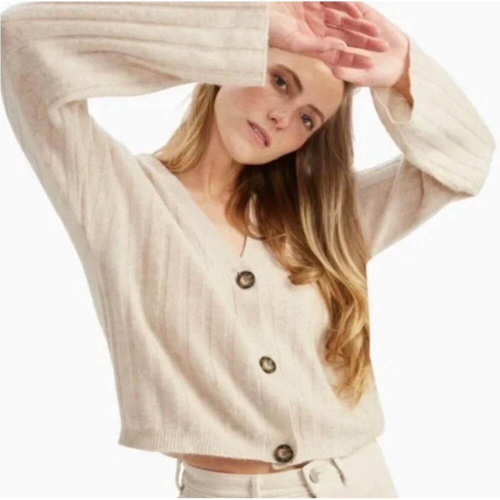 NAADAM Cream Ribbed Cropped Cardigan Beige Neutral Oatmeal Small